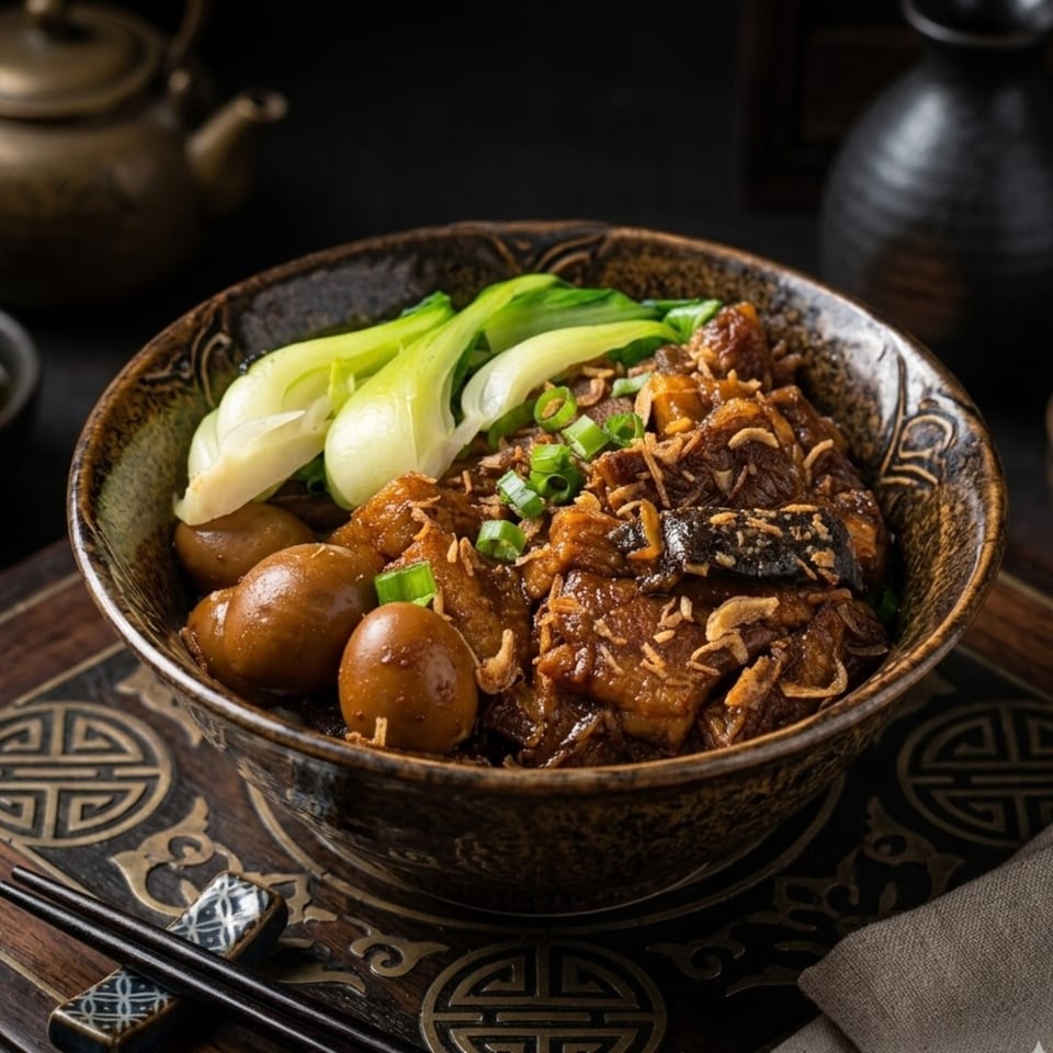 Braised pork belly with quail eggs and bok choy in a decorative bowl on a wooden tray.