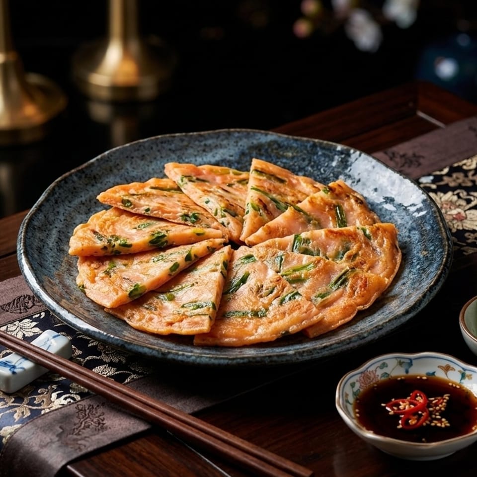 A dark blue plate of golden-brown scallion pancakes, cut into wedges, with a side of soy dipping sauce.