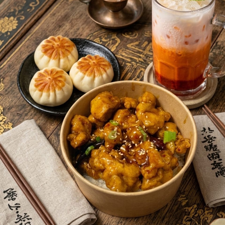 A takeout bowl of orange chicken and rice, with fried dumplings and Thai iced tea on a wooden table.