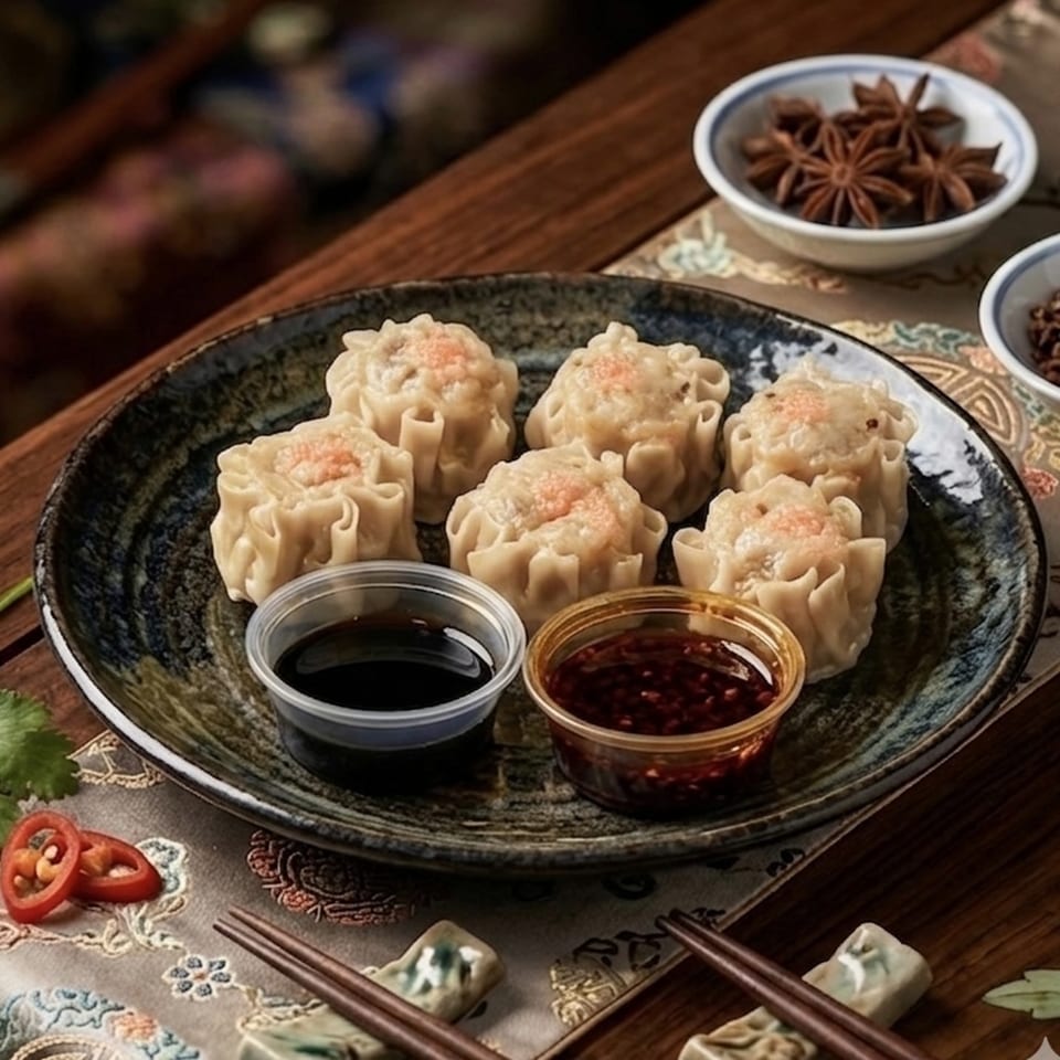 Six steamed dumplings with two dipping sauces, chopsticks, and star anise on a wooden table.