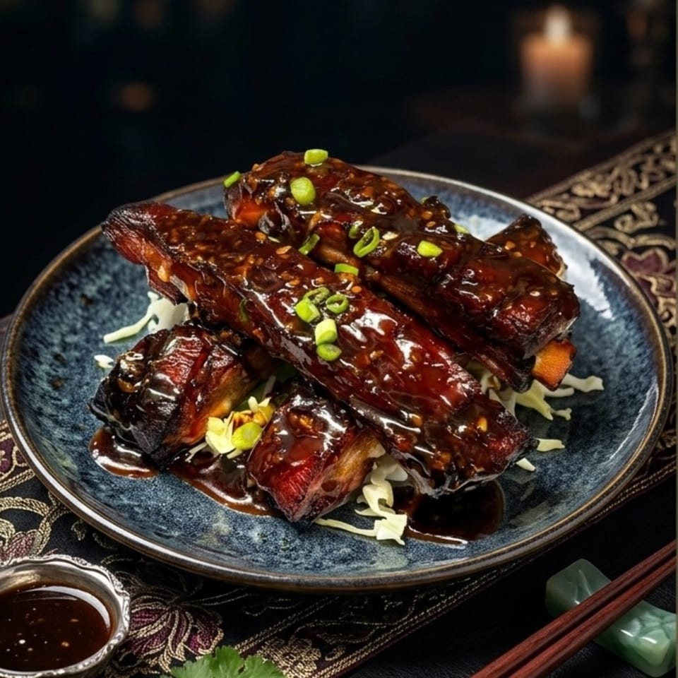 Glazed ribs with chopped green onions on a bed of cabbage, with a side of sauce and chopsticks.