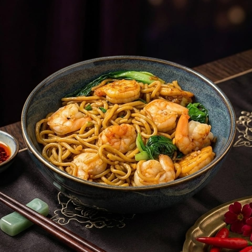 A bowl of shrimp lo mein with bok choy, chopsticks, and chili oil on a dark table.